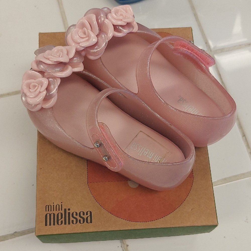 Mini Melissa Sparkly Pink Shoes with Rosettes